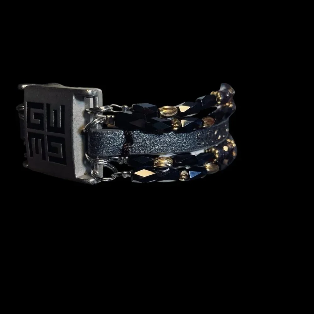 GWM Leather‎ Wrap Bracelet Black Gold Beaded Adjustable Logo Jewelry Boho Street